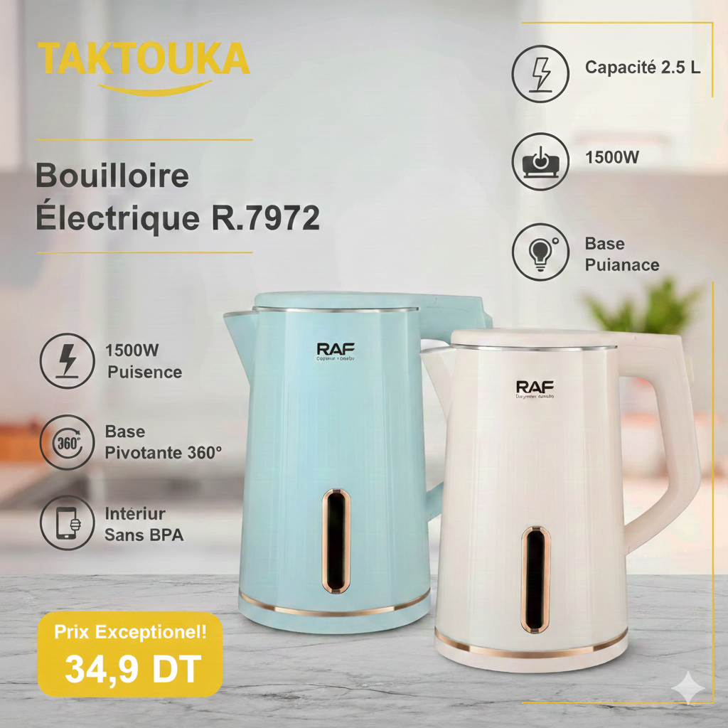 RAF 1500w Portable 2.5L Grande Capacité Bouilloire Électrique Automatique Maison Thé Eau Cuiseur avec Intérieur Sans BPA et Lampe Led