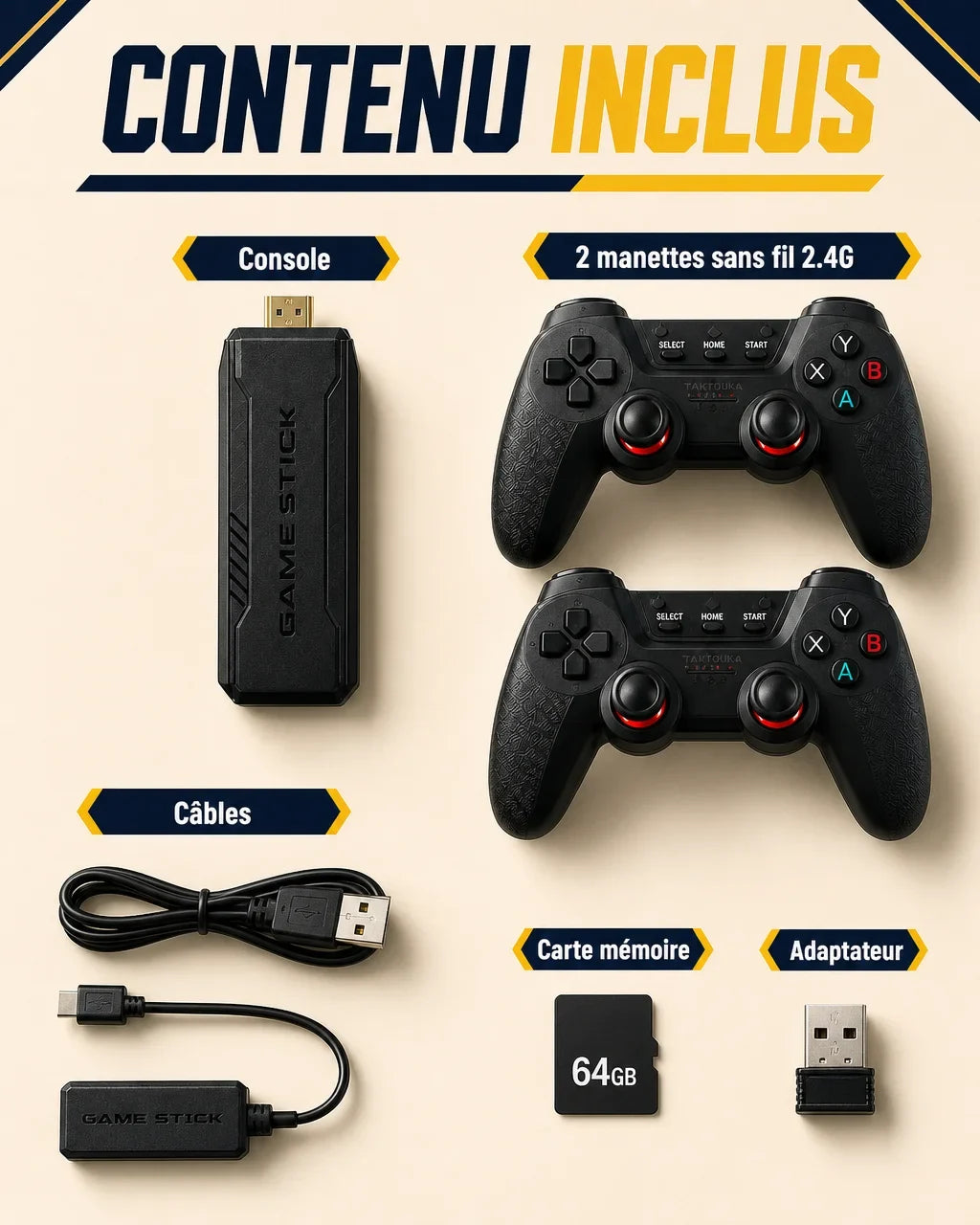 [Scale AI] flat_lay — Game Stick X2 Ultra – Console Rétro 30 000 Jeux + 2 Manettes Sans Fil