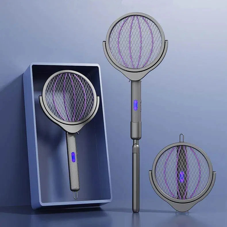 Raquette électrique anti-moustiques télescopique, rotative à 360 degrés, pliable, rechargeable, avec lumière UV, pour la maison et l'intérieur