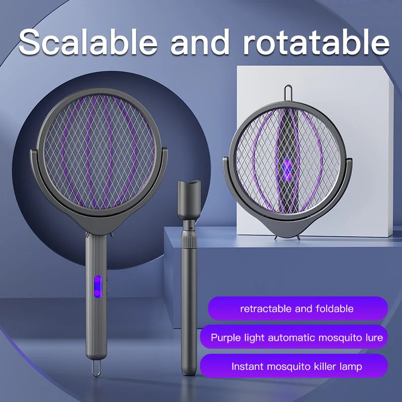 Raquette électrique anti-moustiques télescopique, rotative à 360 degrés, pliable, rechargeable, avec lumière UV, pour la maison et l'intérieur