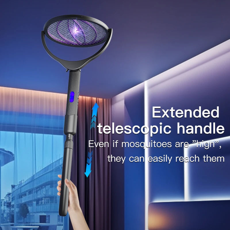 Raquette électrique anti-moustiques télescopique, rotative à 360 degrés, pliable, rechargeable, avec lumière UV, pour la maison et l'intérieur
